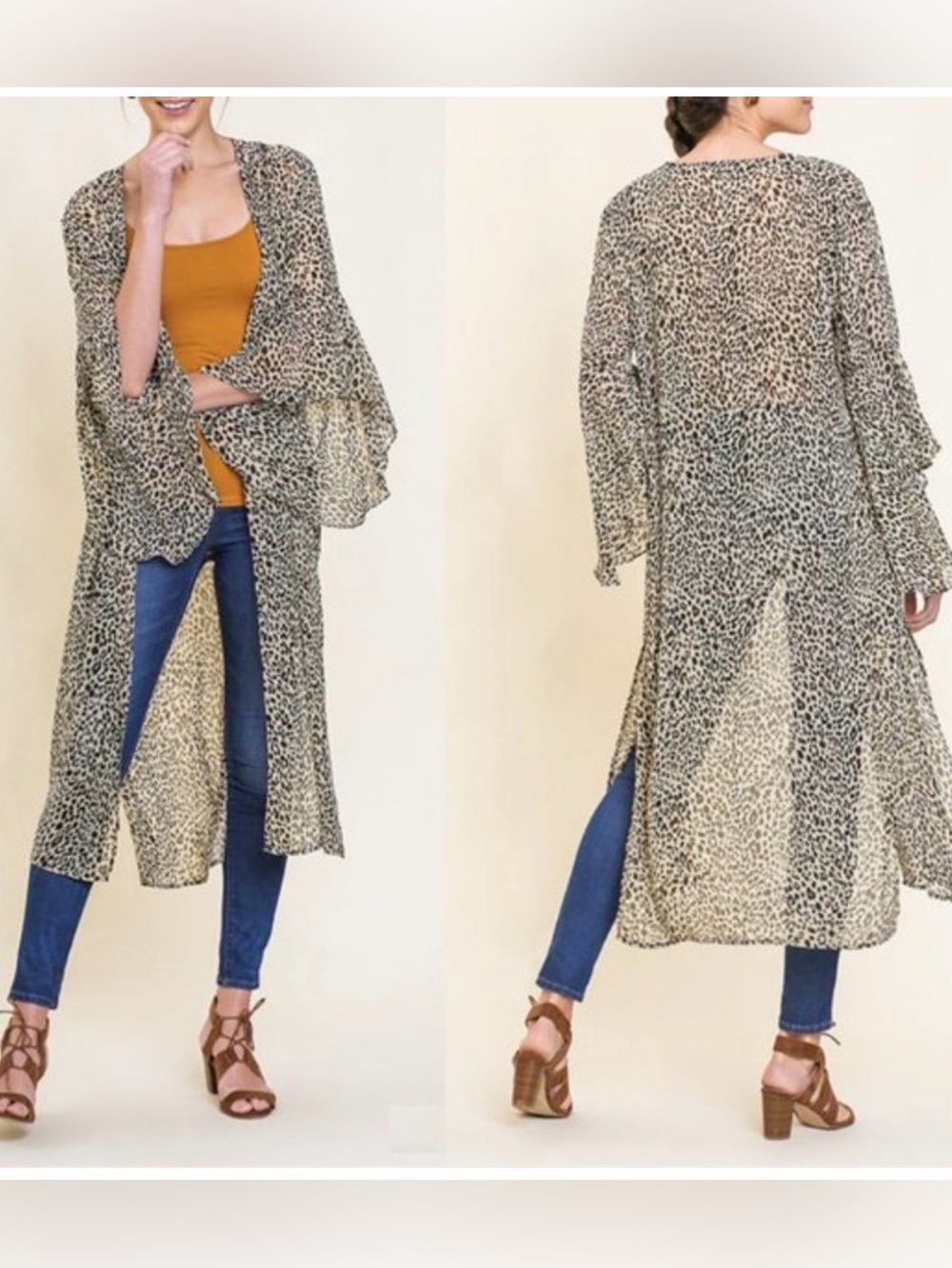 Umgee Leopard Print Kimono / Duster With Bell Sleeves & Open Front. Sz. S